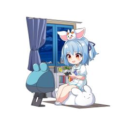  >_< 1girl :d ame. animal_ears animal_slippers blue_hair blue_ribbon bunny_slippers chibi closed_eyes clouds cloudy_sky commentary_request controller curtains dress hair_ribbon highres holding holding_controller hololive indoors multicolored_hair night night_sky on_head pekomon_(usada_pekora) pleated_dress puffy_short_sleeves puffy_sleeves rabbit_ears red_eyes ribbon short_eyebrows short_sleeves simple_background sky slippers smile streaked_hair television thick_eyebrows two_side_up usada_pekora usada_pekora_(casual) virtual_youtuber white_background white_dress white_hair white_slippers window xd 