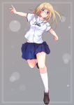  1girl blonde_hair blue_eyes blush glasses loafers long_hair looking_at_viewer mojake original school_uniform shoes smile solo 