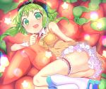  1girl :o anklet bare_shoulders blush boots buttons carrot_pillow collar covered_navel frilled_skirt frills gem goggles goggles_on_head green_eyes green_hair gumi jewelry kinokoko-kino knee_boots lying nose_blush on_side open_mouth orange_skirt pleated_skirt ruby_(stone) short_hair sidelocks skirt solo star vocaloid white_boots wrist_cuffs 