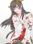  1girl bare_shoulders black_hair blush boots breasts brown_eyes collarbone covering covering_breasts dirty dirty_clothes dirty_face gradient gradient_background grey_background hair_ornament hairband hairclip haruna_(kantai_collection) headgear ito_kaoru kantai_collection light_smile long_hair looking_at_viewer narrowed_eyes nontraditional_miko parted_lips pleated_skirt sitting skirt solo thigh-highs thigh_boots torn_clothes torn_skirt upper_body 