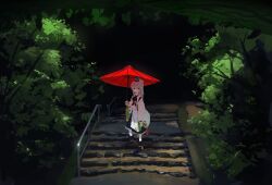  1girl black_boots black_eyes black_hat black_skirt boots canopy_(forest) closed_mouth commentary_request expressionless forest full_body hair_between_eyes hat highres holding holding_umbrella japanese_clothes kariginu long_hair looking_at_viewer mononobe_no_futo nature oil-paper_umbrella outdoors pom_pom_(clothes) red_umbrella ritsuzou robe skirt solo stairs tate_eboshi touhou tree umbrella white_robe wide_shot 