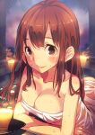  1girl ass bangs blush breasts brown_eyes brown_hair cleavage collarbone highres idolmaster idolmaster_million_live! large_breasts long_hair looking_at_viewer momose_rio naked_towel narumi_arata nude onsen solo towel water wet 