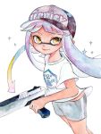  1girl arrow bangs baseball_cap bike_shorts blunt_bangs brown_eyes collarbone domino_mask dutch_angle hat highres holding_weapon inkling long_hair looking_at_viewer mask n-zap_&#039;85_(splatoon) pink_hair shirt short_sleeves simple_background smile solo sparkle splatoon standing tentacle_hair twintails white_background white_shirt 