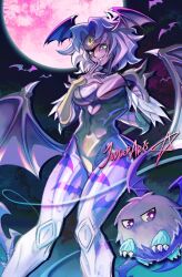  artist_name bat_(animal) bat_wings blue_hair cosplay darkstalkers demon_girl demon_horns demon_wings duel_monster extra_eyes facial_mark head_wings horns judgedarts moon morrigan_aensland morrigan_aensland_(cosplay) multicolored_hair pink_moon smile third_eye white_hair winged_kuriboh wings yu-gi-oh! yu-gi-oh!_gx yubel 