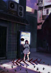  1girl artist_name bixclowart black_shadow_(fate) blonde_hair breasts building dark_sakura dress fate/stay_night fate_(series) hair_ribbon heaven&#039;s_feel highres long_hair looking_at_viewer matou_sakura outdoors purple_hair red_eyes red_ribbon ribbon shirt skirt smile solo speech_bubble talking vending_machine waving white_dress white_shirt white_skirt 