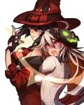  2girls bare_shoulders black_hair blonde_hair blue_eyes breasts fingerless_gloves gloves guilty_gear guilty_gear_xrd hat i-no jack-o_(guilty_gear) mask mole multicolored_hair multiple_girls one_eye_closed open_mouth oro_(sumakaita) pink_eyes redhead short_hair simple_background smile white_background witch_hat 