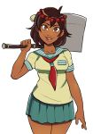  1girl ajna_(indivisible) axe beads breasts brown_eyes brown_hair cowboy_shot dark_skin greenmarine hair_ornament highres indivisible over_shoulder pleated_skirt school_uniform serafuku short_hair skirt smile solo weapon weapon_over_shoulder white_background 