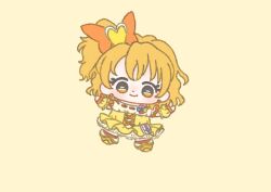  1girl blonde_hair boots bow brooch chibi closed_mouth clover clover_brooch cross-laced_clothes cross-laced_dress cure_pine dot_nose dress earrings eyelashes four-leaf_clover fresh_precure! frilled_dress frilled_wrist_cuffs frills hair_bow hair_ornament happy heart heart_earrings heart_hair_ornament ichigo_usuhana jewelry knee_boots light_blush looking_at_viewer magical_girl medium_hair one_side_up orange_bow orange_theme outstretched_arms precure ribbon-trimmed_dress ribbon_trim short_dress short_sleeves simple_background smile solo tareme waist_bag white_bag wrist_cuffs yamabuki_inori yellow_background yellow_boots yellow_dress yellow_eyes yellow_theme yellow_wrist_cuffs 