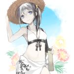  1girl arms_up bag bangs bemanilovers bikini_top black_hair blue_eyes contrapposto cowboy_shot drawr floral_print flower hand_on_headwear hat long_hair looking_at_viewer sarong side_ponytail smile solo straw_hat 