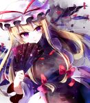  1girl blonde_hair bow dress dutch_angle fan gap gradient gradient_background hair_bow hair_ornament hat hat_ribbon highres itsumizu long_hair long_sleeves looking_to_the_side mob_cap puffy_sleeves ribbon smile solo tabard touhou upper_body violet_eyes wide_sleeves yakumo_yukari 