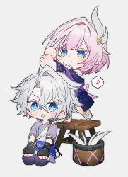  absurdres black_gloves blue_eyes blue_pants bucket coat coojisan cyrene_(honkai:_star_rail) dress fingerless_gloves gloves hair_ornament hand_in_another&#039;s_hair highres honkai:_star_rail honkai_(series) musical_note on_stool pants phainon_(honkai:_star_rail) pointy_ears purple_coat purple_shirt seiza shirt short_hair simple_background sitting smile spoken_musical_note white_background white_dress white_hair 