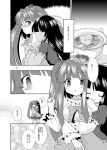  bangs blunt_bangs blush bow cup doujinshi dress flower frederica_bernkastel furudo_erika hair_ornament hat hime_cut hug hug_from_behind l-trap long_hair multiple_girls ribbon tea teacup translation_request twintails umineko_no_naku_koro_ni yuri 