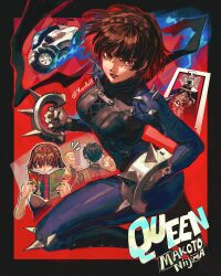  2boys 2girls absurdres amamiya_ren artist_name blonde_hair bodysuit border brown_hair commentary english_commentary highres kornart multiple_boys multiple_girls niijima_makoto persona persona_5 queen_(persona_5) red_eyes sakamoto_ryuuji short_hair takamaki_anne 