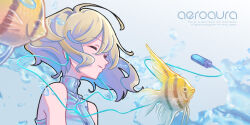  1girl angelfish bare_shoulders blonde_hair closed_eyes cyber_fashion digital_media_player digital_walkman english_text fish from_side frutiger_aero grey_shirt headphones highres original otomica profile shirt short_hair sleeveless sleeveless_shirt solo upper_body walkman_e500 walkman_e_series water y2k_fashion 