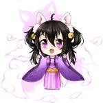  1girl :d ahoge animal_ears beifeng_han bell black_hair chibi chinese_clothes dress fang fox fox_ears hair_bell hair_between_eyes hair_ornament hanfu long_hair miyaura_sanshio open_mouth original purple_dress short_twintails smile solo twintails violet_eyes 