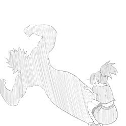  1girl cat_shadow_puppet_(meme) dragon_ball dragon_ball_super earrings greyscale highres jewelry kale_(dragon_ball) kyakyoi legendary_super_saiyan meme monochrome muscular muscular_female ponytail saiyan shadow shirt short_sleeves skirt solo super_saiyan 