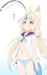  1girl ? ahoge animal_ear_fluff animal_ears ass_visible_through_thighs bare_shoulders blonde_hair blue_eyes blue_panties blush bow bow_panties breasts cat_ears closed_mouth collarbone cowboy_shot fox_ears green_eyes groin hair_ornament highres hololive long_hair looking_at_viewer low_twintails multicolored_hair navel no_pants original panties sailor_collar shirakami shirakami_fubuki shirt simple_background sleeveless small_breasts solo standing striped_clothes striped_panties tail tenroy twintails underwear very_long_hair white_background white_panties white_shirt 