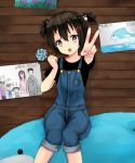  1girl :d beifeng_han black_hair blush bunny_hair_ornament candy child dolphin drawing family hair_between_eyes hair_ornament lollipop long_hair looking_at_viewer miyaura_sanshio open_mouth original overalls partially_translated short_twintails simple_background sitting smile solo stuffed_animal stuffed_dolphin stuffed_toy translation_request twintails v violet_eyes white_background younger 