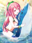  1girl bangle bikini bracelet from_side hacka_doll hacka_doll_2 inflatable_dolphin inflatable_toy jewelry long_hair o-ring_bottom o-ring_top pink_hair red_eyes solo swimsuit yuzutosen 