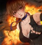  1girl breasts brown_eyes brown_hair choker cleavage dead_or_alive dead_or_alive_5 explosion kasumi_(doa) long_hair magion02 solo 