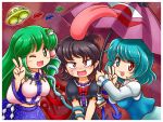  3girls asymmetrical_wings black_hair blue_eyes blue_hair blush blush_stickers commentary_request detached_sleeves dress fang frog_hair_ornament green_eyes green_hair hair_ornament heart heterochromia houjuu_nue japanese_clothes jewelry karakasa_obake kochiya_sanae long_sleeves looking_at_viewer miko multiple_girls necklace nitamago one_eye_closed open_mouth red_eyes ribbon shirt short_hair short_sleeves skirt smile snake snake_hair_ornament sweatdrop tatara_kogasa tongue tongue_out touhou ufo umbrella upper_body v wide_sleeves wings 