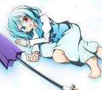  barefoot blue_eyes blue_hair commentary_request heterochromia karakasa_obake open_mouth red_eyes senba_chidori short_hair skirt solo tatara_kogasa touhou umbrella 