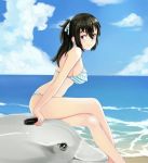  1girl beach beifeng_han bikini black_hair blue_bikini breasts clouds crossed_legs frilled_bikini frills hair_between_eyes hair_ribbon inflatable_dolphin large_breasts long_hair miyaura_sanshio ocean original ponytail ribbon sideboob sitting smile solo swimsuit violet_eyes 