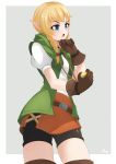  1girl belt bike_shorts blonde_hair blue_eyes boots braid compass gloves hand_on_own_face highres jacket linkle long_hair open_mouth pointy_ears shirt shorts shorts_under_skirt skirt solo the_legend_of_zelda thigh-highs thigh_boots twin_braids twintails zelda_musou zettai_ryouiki 