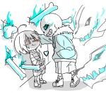  1boy against_wall androgynous big_cat_shan chara_(undertale) frisk_(undertale) glowing glowing_eye grin heart hoodie knife red_eyes sans shirt short_hair shorts skeleton slippers smile spoilers striped striped_shirt undertale wall_slam 