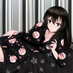  1girl beifeng_han black_hair breasts cellphone cleavage hair_between_eyes long_hair lying miyaura_sanshio on_side original phone simple_background smartphone solo violet_eyes white_background 