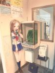  1boy 1girl bag black_hair brown_eyes brown_hair highres karakai_jouzu_no_takagi-san long_hair nishikata peaceyj phone phone_booth school_bag school_uniform serafuku solo_focus takagi-san 