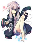  1girl animal_ears animal_hood barefoot bei_mochi bunny_hood cable chromatic_aberration controller dress game_controller hair_ornament holding_microphone hood hooded_jacket hoodie jacket long_hair long_sleeves looking_at_viewer microphone purple_hair short_dress smile solo violet_eyes vocaloid voiceroid yuzuki_yukari 