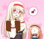  /\/\/\ 2girls anna_(sennen_sensou_aigis) blush book breasts commentary_request glasses hairband katie_(sennen_sensou_aigis) long_hair multiple_girls musical_note open_mouth red-framed_glasses red_eyes sennen_sensou_aigis shiumai smile spoken_musical_note 