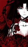  1girl :| bare_shoulders black_dress black_hair blue_eyes breasts choker cleavage collarbone dress expressionless fate/stay_night fate_(series) flower looking_at_viewer red_background red_rose rose simple_background solo strapless_dress toosaka_rin upper_body yaoshi_jun 