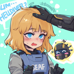  1boy 1girl armor black_gloves blonde_hair blue_eyes blush bulletproof_vest d: english_commentary gloves happy headpat helldiver_(helldivers) helldivers_(series) highres military_uniform phantom_ix_row seaf_soldier_(helldivers) short_hair 