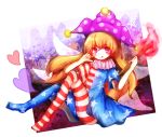  1girl american_flag_legwear american_flag_shirt blonde_hair clownpiece fairy_wings full_body gradient gradient_background hat heart jester_cap long_hair mayo_(mayomr29) pantyhose purple_background short_sleeves solo star tongue tongue_out torch touhou very_long_hair violet_eyes wings 