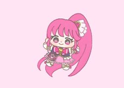  1girl absurdly_long_hair aino_megumi back_bow black_vest boots bow bowtie brooch chibi closed_mouth collared_vest cure_lovely dot_nose earrings eyelashes footwear_bow frilled_skirt frilled_sleeves frilled_vest frills hair_ornament hair_ribbon happinesscharge_precure! happy heart heart_brooch heart_earrings heart_hair_ornament high_ponytail ichigo_usuhana jewelry knee_boots lapels long_hair looking_at_viewer magical_girl miniskirt outstretched_arms pink_background pink_bow pink_bowtie pink_eyes pink_hair pink_skirt pleated_skirt ponytail precure puffy_short_sleeves puffy_sleeves ribbon shirt short_sleeves simple_background skirt smile solo tareme very_long_hair vest waist_bag watch watch white_arm_warmers white_bag white_boots white_ribbon white_shirt 