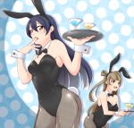  2girls animal_ears black_hair blue_eyes bowtie brown_eyes brown_hair bunny_tail bunnysuit cocktail_glass cup detached_collar drinking_glass egooo fishnet_pantyhose fishnets glass long_hair love_live!_school_idol_project minami_kotori multiple_girls pantyhose rabbit_ears sonoda_umi tail tray wrist_cuffs 