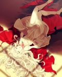  1girl bangs barefoot blonde_hair blue_eyes doll_joints dress dress_removed eyebrows eyebrows_visible_through_hair flower hair_down half-closed_eyes long_hair loo looking_at_viewer lying on_back red_dress rose rozen_maiden shade shinku solo upside-down very_long_hair white_dress white_hair window_shade 