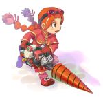  1girl alternate_weapon braid capelet child drill gloves goggles goggles_on_head gurumin long_sleeves lowres orange_hair oversized_zipper parin power_tool running shadow solo stupa13a twin_braids weapon white_background 
