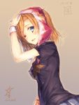  1girl ashermes black_shirt blue_eyes blush commentary_request dated kousaka_honoka looking_at_viewer love_live!_school_idol_project one_eye_closed open_mouth orange_hair shirt short_hair signature skirt smile solo towel towel_on_head wristband 