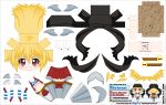  1girl absurdres bandana blonde_hair breasts chibi copyright_name cutlass_(sword) el_joey facial_scar gills grin head_fins highres mermaid monster_girl monster_musume_no_iru_nichijou paper_cut-out papercraft red_eyes scar shark_race_(monster_musume) sharp_teeth shirt smile solo striped striped_shirt under_boob watermark web_address 