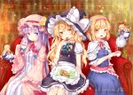  3girls alice_margatroid apron blonde_hair blue_dress bow braid capelet coat cookie couch crescent cup dress eating food hair_bow hairband hat hat_bow kirisame_marisa long_hair long_sleeves looking_at_viewer mi_hitsuji mob_cap multiple_girls open_clothes open_coat open_mouth patchouli_knowledge pouring puffy_short_sleeves puffy_sleeves purple_dress purple_hair sash shanghai_doll shirt short_hair short_sleeves single_braid sitting skirt skirt_set smile striped striped_dress teacup teapot touhou very_long_hair vest violet_eyes waist_apron wide_sleeves witch_hat 