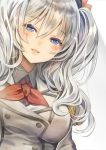  1girl ascot bangs blue_eyes breasts eyelashes hair_ornament hat kantai_collection kashima_(kantai_collection) large_breasts lips madogawa military military_jacket military_uniform shirt silver_hair smile solo taut_clothes taut_shirt tsurime twintails uniform wavy_hair 