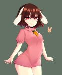  1girl animal_ears arms_at_sides brown_hair bunny_tail dress highres inaba_tewi light_smile pink_dress puffy_short_sleeves puffy_sleeves rabbit_ears red_eyes saple short_dress short_hair short_sleeves simple_background solo tail touhou 