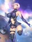  1girl armor bare_shoulders black_legwear breasts detached_sleeves fate/grand_order fate/stay_night fate_(series) hair_over_one_eye highres large_breasts leotard looking_at_viewer navel navel_cutout pink_eyes pink_hair shield shielder_(fate/grand_order) short_hair solo standing_on_one_leg temmasa22 thigh-highs thigh_strap thighs 