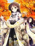  2girls architecture ashermes autumn_leaves brown_eyes brown_hair commentary_request dragon_print east_asian_architecture fish floral_print hair_ribbon japanese_clothes kimono leaf multiple_girls original ribbon scarf scroll sleeveless smile tattoo 