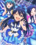  3girls ;d ahoge artist_request belt black_hair fang ganaha_hibiki green_hair hair_ribbon idolmaster idolmaster_million_live! long_hair miura_azusa multiple_girls official_art one_eye_closed open_mouth ponytail ribbon short_hair smile tokugawa_matsuri waving 