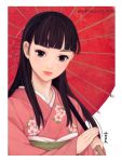  1girl amagi_yukiko bangs black_eyes black_hair blunt_bangs blush commentary floral_print japanese_clothes kimono lips long_hair looking_at_viewer nayoung_wooh obi oriental_umbrella persona persona_4 sash smile solo umbrella upper_body watermark web_address 