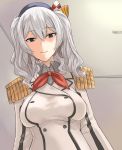  1girl blue_eyes breasts epaulettes from_below grey_hair hat kantai_collection kashima_(kantai_collection) kerchief looking_at_viewer ogros smile solo tsurime twintails wavy_hair 